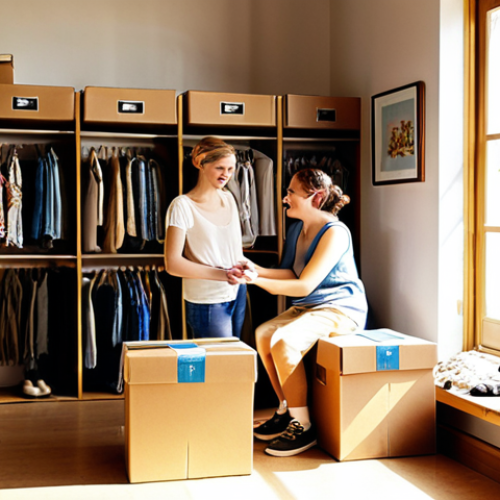 Home 11 **
A couple joyfully donating clothes at a local charity shop, surrounded by neatly organized boxes. The scene evokes a feeling of lightness and freedom from clutter. Warm, inviting sunlight streams through the window.
**