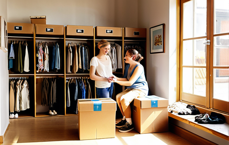 **
A couple joyfully donating clothes at a local charity shop, surrounded by neatly organized boxes. The scene evokes a feeling of lightness and freedom from clutter. Warm, inviting sunlight streams through the window.
**
