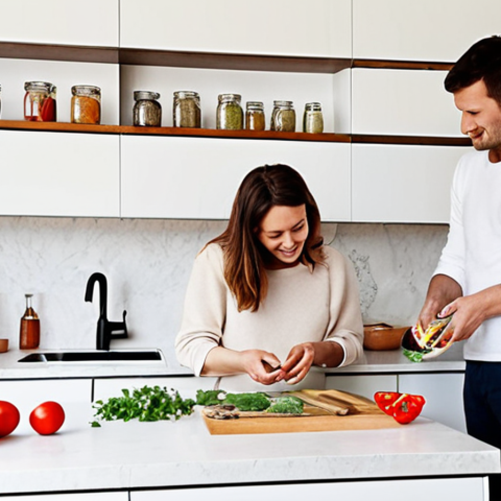 **
> A bright, minimalist family kitchen in Germany. Natural stone countertops, handle-less white cabinets, open shelving displaying clear glass jars filled with spices. A young family (parents and one child) are happily preparing a meal together. Focus on clean lines, natural light, and a sense of calm. Subtle pops of color from fresh herbs and vegetables.
**