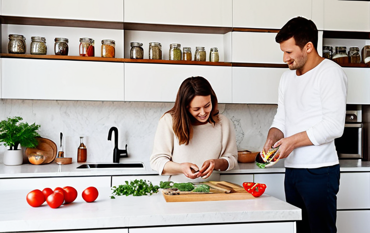 **
> A bright, minimalist family kitchen in Germany. Natural stone countertops, handle-less white cabinets, open shelving displaying clear glass jars filled with spices. A young family (parents and one child) are happily preparing a meal together. Focus on clean lines, natural light, and a sense of calm. Subtle pops of color from fresh herbs and vegetables.
**