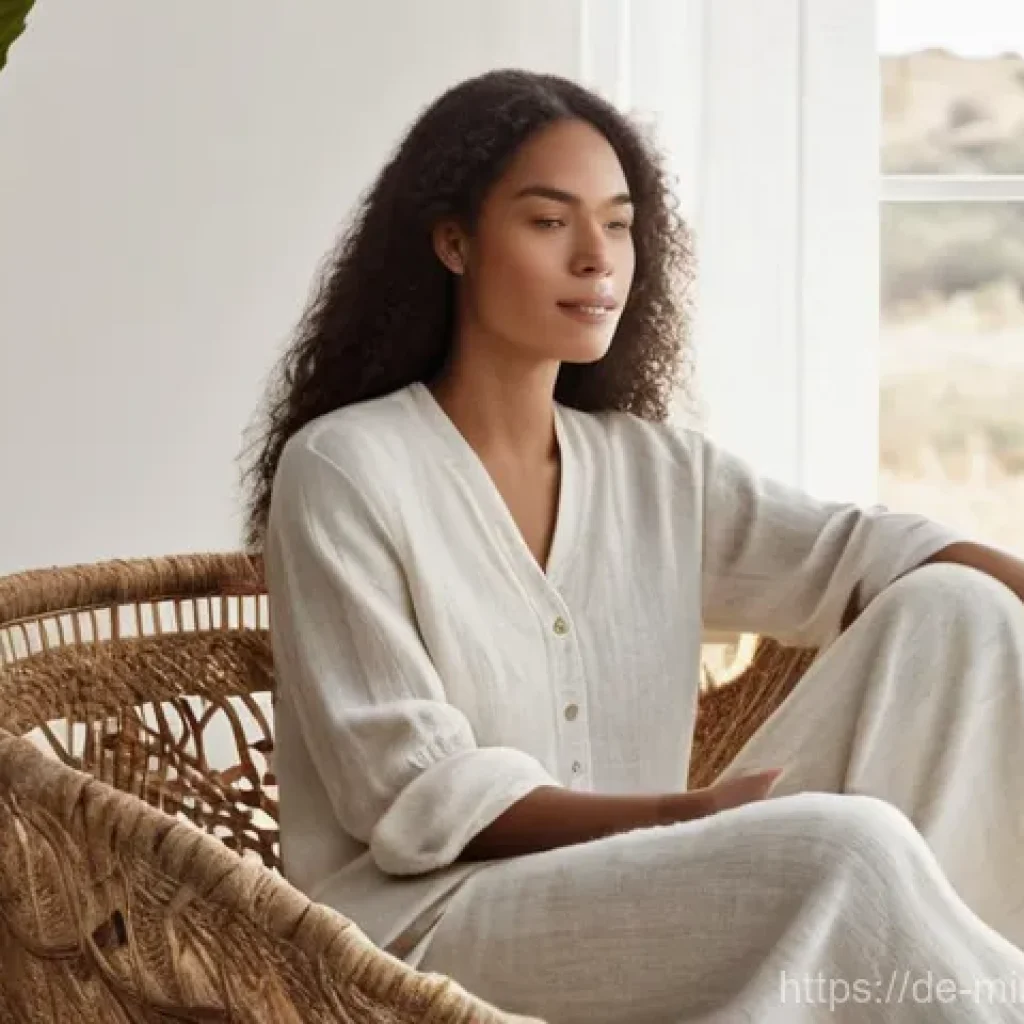 미니멀한 패브릭 선택 가이드 - **Prompt 1: Serene Comfort of Natural Fibers**
"A young woman in her late 20s, with a warm, cont...