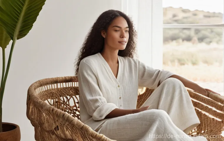 미니멀한 패브릭 선택 가이드 - **Prompt 1: Serene Comfort of Natural Fibers**
    "A young woman in her late 20s, with a warm, cont...