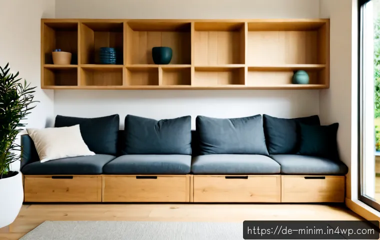 Home 17 미니멀리즘 공간에서의 효율적인 수납 아이디어 - Photorealistic minimalist German apartment living room, warm white walls and pale oak floor, built-i...